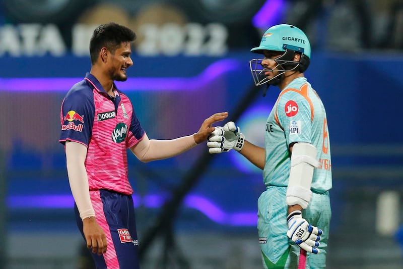 Kuldeep Sen, left, defended 15 runs in the final over for Rajasthan Royals. Sportzpics for IPL