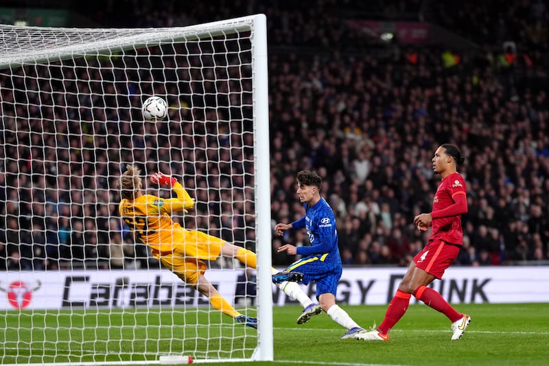 Chelsea's Kai Havertz has a shot on goal during the League Cup final at Wembley Stadium. PA