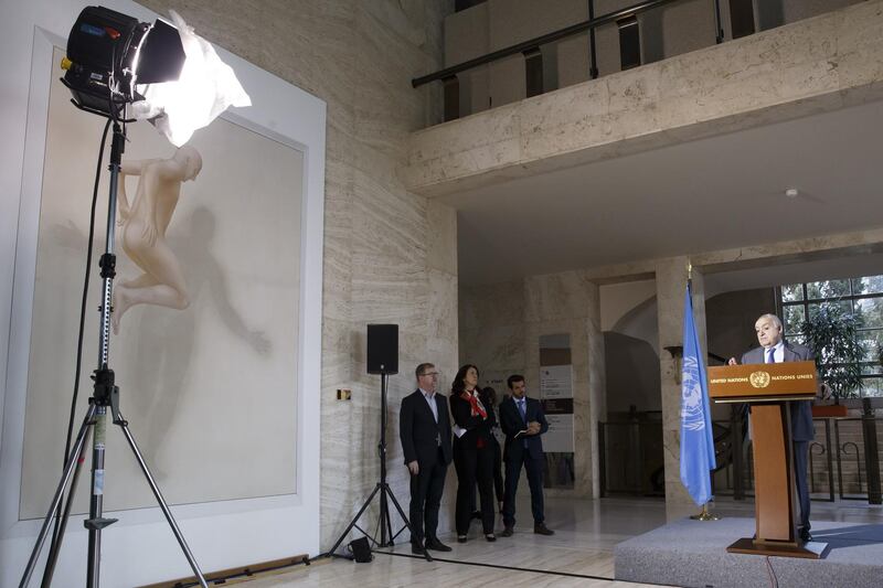 Ghassan Salame (R), special representative of the United Nations Secretary-General and head of the United Nations Support Mission in Libya, informs the media about a new meeting round of the 5+5 Libyan Joint Military Commission, during a press stakeout, at the European headquarters of the United Nations in Geneva, Switzerland.  EPA