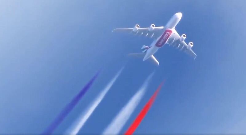 An Emirates Airbus A380 plane takes to the skies to celebrate France's victory in the World Cup. 
