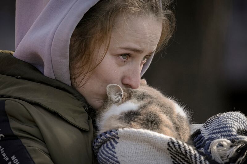 A woman who was evacuated from Irpin kisses a cat wrapped in a blanket at a triage point in Kyiv. AP Photo