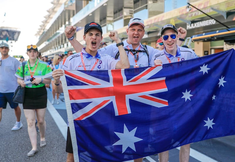 Abu Dhabi, United Arab Emirates, November 28, 2019.  Formula 1 Etihad Airways Abu dhabi Grand Prix.--Formula 1in Schools World Finals participants from Australia.  (L-R) William Bradford, Aiden Catterall and Paul Sexton during the pit walk.Victor Besa / The NationalSection:  SPReporter:  Simon Wilgress-Pipe
