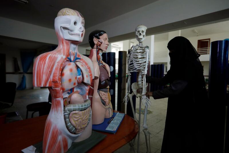 A female technician checks a human anatomy model at a centre of teaching aids production in Sana'a, Yemen.  EPA