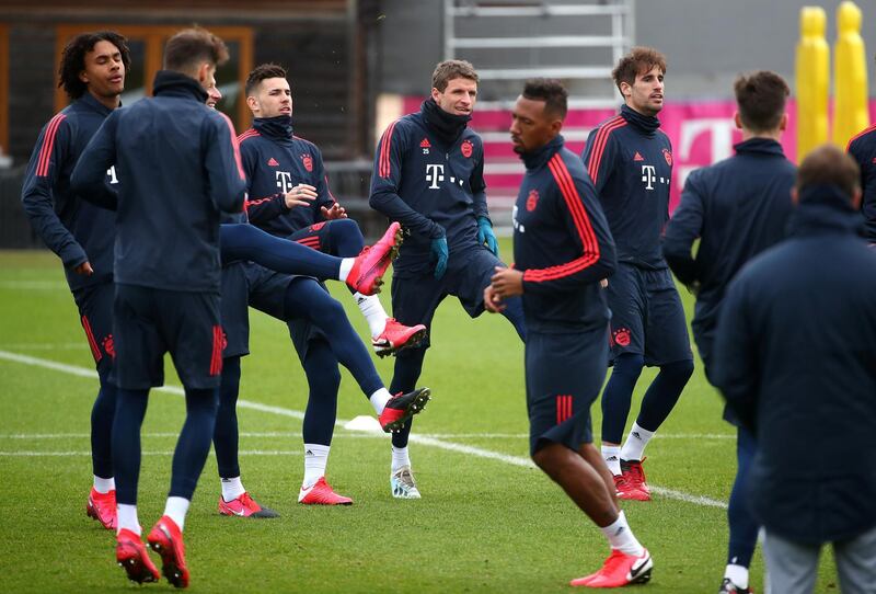 Bayern Munich's Thomas Muller, Lucas Hernandez and teammates during training. Reuters