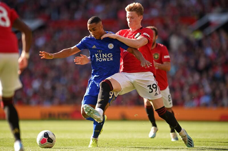 Leicester City midfielder Youri Tielemans vies with Manchester United midfielder Scott McTominay. AFP