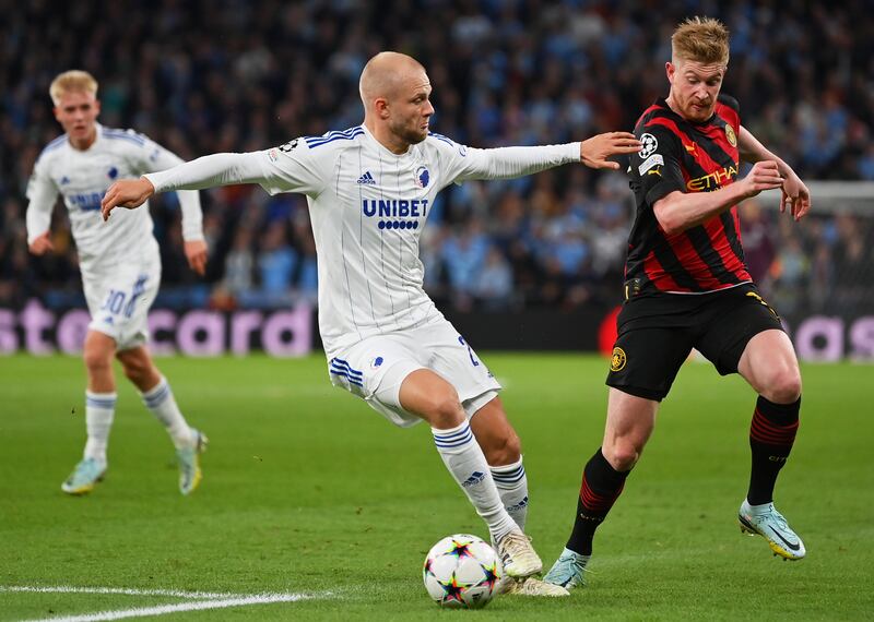 Nicolai Boilesen of FC Copenhagen is challenged by Kevin de Bruyne of Manchester City. Getty