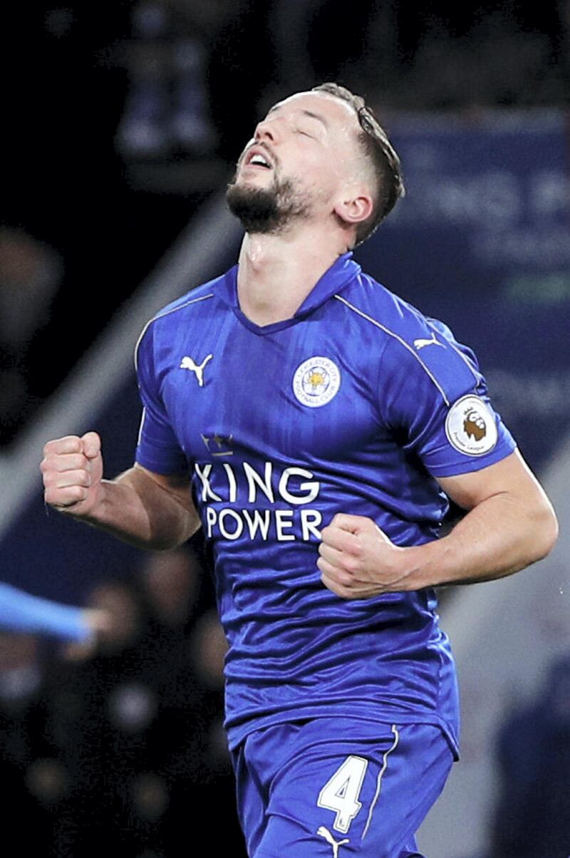 Leicester City's English midfielder Danny Drinkwater celebrates after scoring his team's second goal during the English Premier League football match between Leicester City and Liverpool at King Power Stadium in Leicester, central England on February 27, 2017. / AFP PHOTO / ADRIAN DENNIS / RESTRICTED TO EDITORIAL USE. No use with unauthorized audio, video, data, fixture lists, club/league logos or 'live' services. Online in-match use limited to 75 images, no video emulation. No use in betting, games or single club/league/player publications.  / 