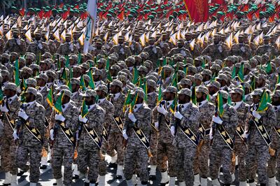 Members of Iran's Islamic Revolutionary Guard Corps take part in a recent parade. AP