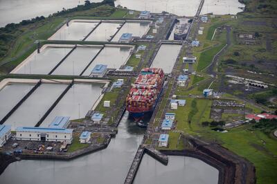 A container ship transits through the Cocoli locks in the Panama Canal in Panama City.   EPA 