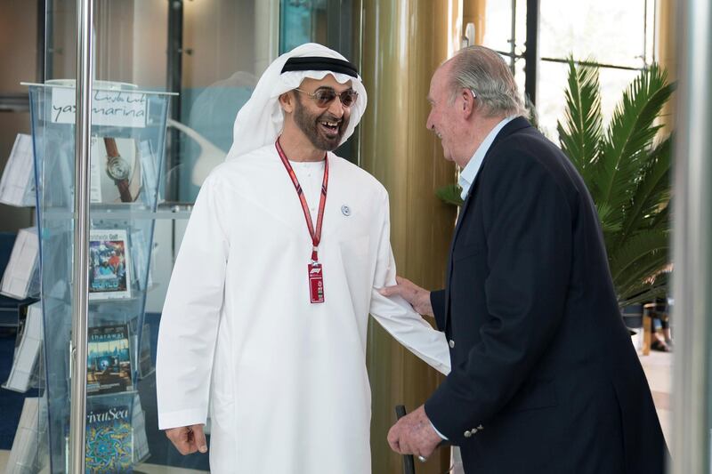 ABU DHABI, UNITED ARAB EMIRATES - November 24, 2018: HH Sheikh Mohamed bin Zayed Al Nahyan, Crown Prince of Abu Dhabi and Deputy Supreme Commander of the UAE Armed Forces (L) greets HM Juan Carlos I former King of Spain (R), on the second day of the 2018 Formula 1 Etihad Airways Abu Dhabi Grand Prix, at Yas Marina Circuit. 

( Mohamed Al Hammadi / Ministry of Presidential Affairs )
---