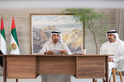 UAE President Mohamed bin Zayed delivers the opening speech during the virtual I2U2 summit, seen alongside Abdullah bin Zayed, UAE Minister of Foreign Affairs and International Co-operation. Presidential Court
