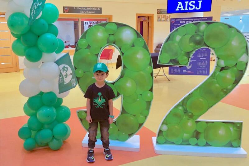 Siaan Fakih, a school pupil, celebrates National Day at the American International School in Jeddah. The National