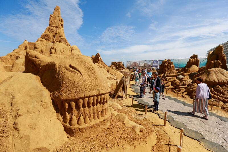Dinosaur sand sculptures that form part of the sand sculpture festival 'Dinos in the Sand' on the beach of Middelkerke, Belgium. EPA