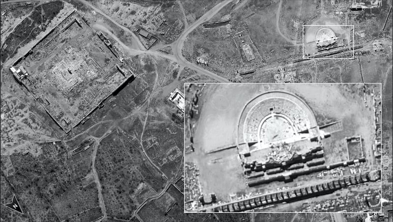 An undated handout satellite picture released by the Israeli Ministry of Defence on August 25, 2020 shows an image taken by the new reconnaissance satellite, Ofek (Horizon) 16, of the damaged Roman amphitheatre in the ancient city of Palmyra in central Syria. - Israel unveiled the "first" images of the new spy satellite with high-precision images of the ancient site of Palmyra, in Syria, a neighbouring country regularly targeted by Israeli strikes. The new images are the "first" released to the public of the Israeli Ofek-16 reconnaissance satellite, launched in July and currently being tested to determine "its level of performance," according to the Defence Ministry. (Photo by - / Israeli Ministry of Defence / AFP) / === RESTRICTED TO EDITORIAL USE - MANDATORY CREDIT "AFP PHOTO / HO / ISRAELI MINISTRY O DEFENCE - NO MARKETING - NO ADVERTISING CAMPAIGNS - DISTRIBUTED AS A SERVICE TO CLIENTS ===