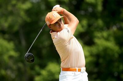 AKRON, OH - AUGUST 05: Rickie Fowler plays his shot from the sixth tee during the World Golf Championships-Bridgestone Invitational - Final Round at Firestone Country Club South Course on August 5, 2018 in Akron, Ohio.   Gregory Shamus/Getty Images/AFP
== FOR NEWSPAPERS, INTERNET, TELCOS & TELEVISION USE ONLY ==
