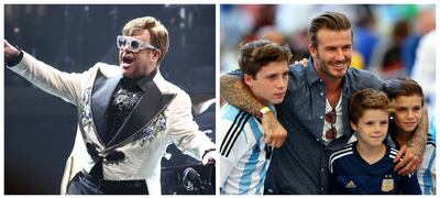 Elton John, and Brooklyn and Romeo Beckham, with their father David and brother, Cruz, front. AP; Getty Images