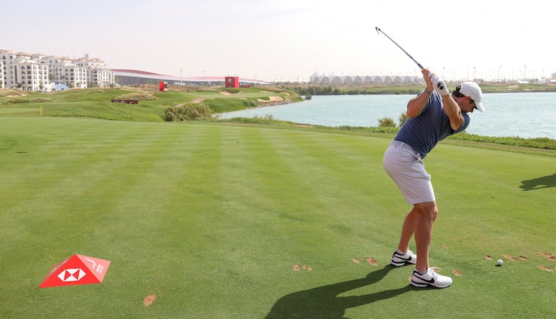 Rory McIlroy tees off during a practice round prior to the Abu Dhabi HSBC Championship. Getty