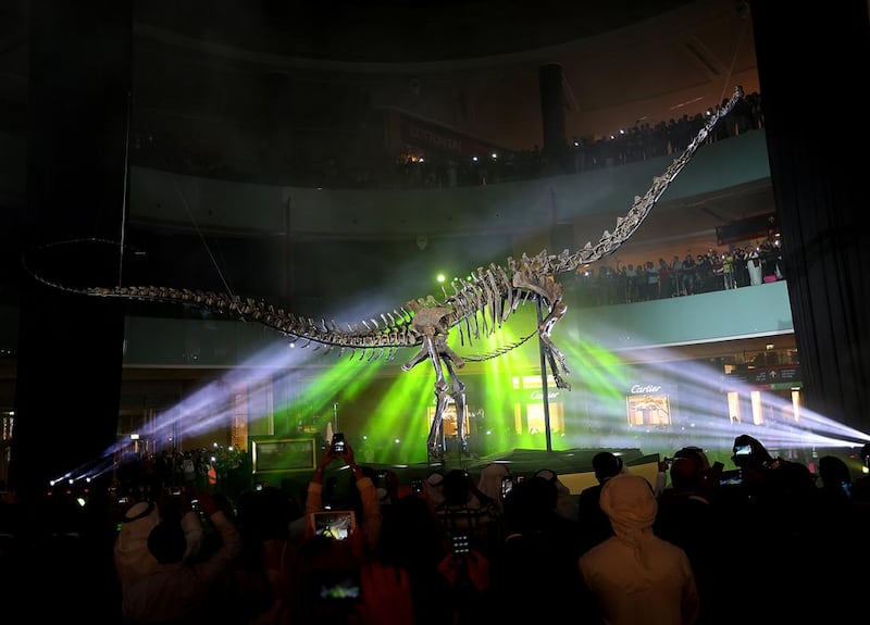 Dubai Mall's resident dinosaur. Satish Kumar / The National 