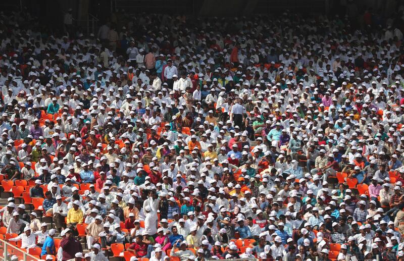 People fill the stands for an event at Sardar Patel stadium which will be attended by U.S. President Donald Trump and Indian Prime Minister Narendra Modi in Ahmedabad, India. AP Photo