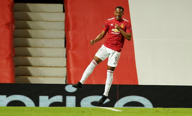 Manchester United's Anthony Martial celebrates after the second goal against LASK at Old Trafford. AP