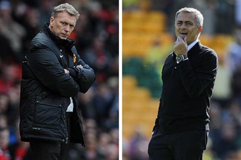 David Moyes, left, is out at Manchester United, but Jose Mourinho, right, says he has no thoughts of leaving Chelsea.Ian Kington / AFP 