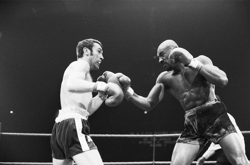 Alan Minter vs. Marvin Hagler, WBA and WBC world middleweight title fight, Wembley Arena, London, England. This was a grudge match in which Hagler won by TKO in the third round. Hagler went six years undefeated before losing his titles to Sugar Ray Leonard in 1987. (Picture Shows) Fight action, 27th September 1980. (Photo by Monte Fresco /Daily Mirror/Mirrorpix/Getty Images)
