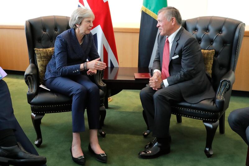 British Prime Minister Theresa May (L) meets with Jordan's King Abdullah ll Al Hussein (R) on the sidelines of the General Debate of the 73rd session of the General Assembly of the United Nations, at the United Nations Headquarters.  EPA