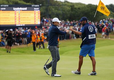 SOUTHPORT, ENGLAND - JULY 23:  Jordan Spieth of the United States celebrates with  his caddie Michael Greller after a birdie on the 17th hole during the final round of the 146th Open Championship at Royal Birkdale on July 23, 2017 in Southport, England.  (Photo by Christian Petersen/Getty Images)