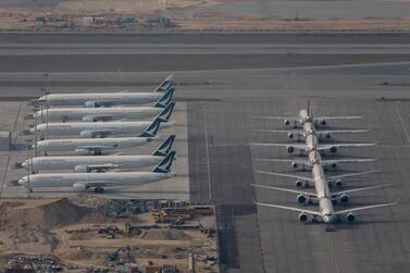 Cathay Pacific jetliners parked in Hong Kong International Airport. EPA