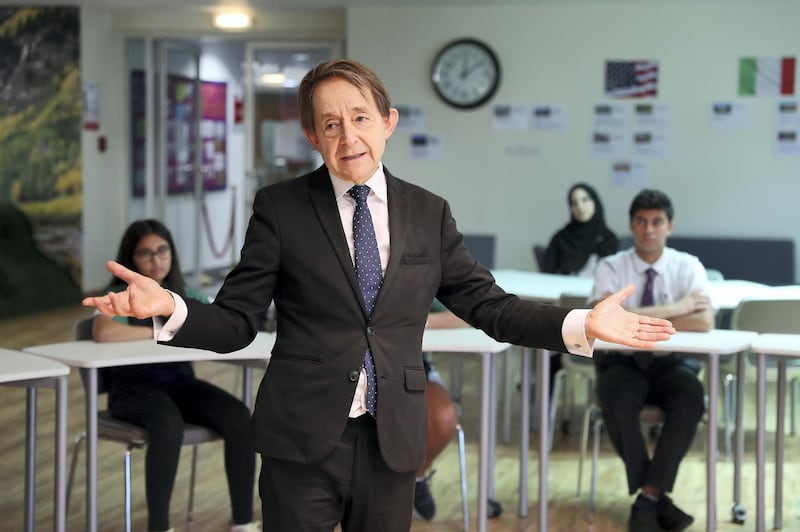 DUBAI, UNITED ARAB EMIRATES , Nov 10  – 2019 :- Sir Anthony Seldon, one of Britain’s top private school head teacher, and the biographer of the UK’s last 5 prime ministers interacting with the students during his visit to the GEMS Wellington International School in Dubai. ( Pawan Singh / The National )  For News. Daniel