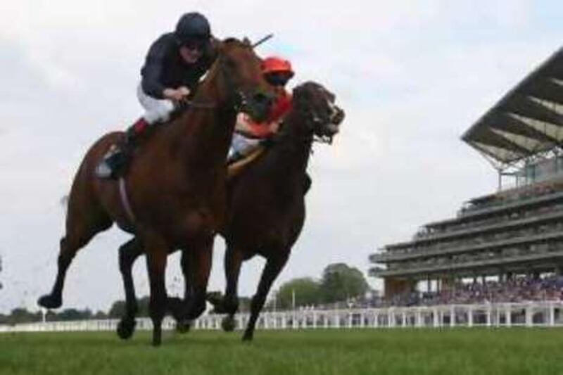 ASCOT, UNITED KINGDOM - JULY 26:  Duke of Marmalade ridden by Johnny Murtagh (L0 races for the line to beat Papal Bull ridden by Olivier Peslier to win the King George VI and Queen Elizabeth Stakes during the King George Day Meeting held at Ascot on July 26, 2008 in Ascot, England.  (Photo by David Rogers/Getty Images) *** Local Caption ***  GYI0055379548.jpg