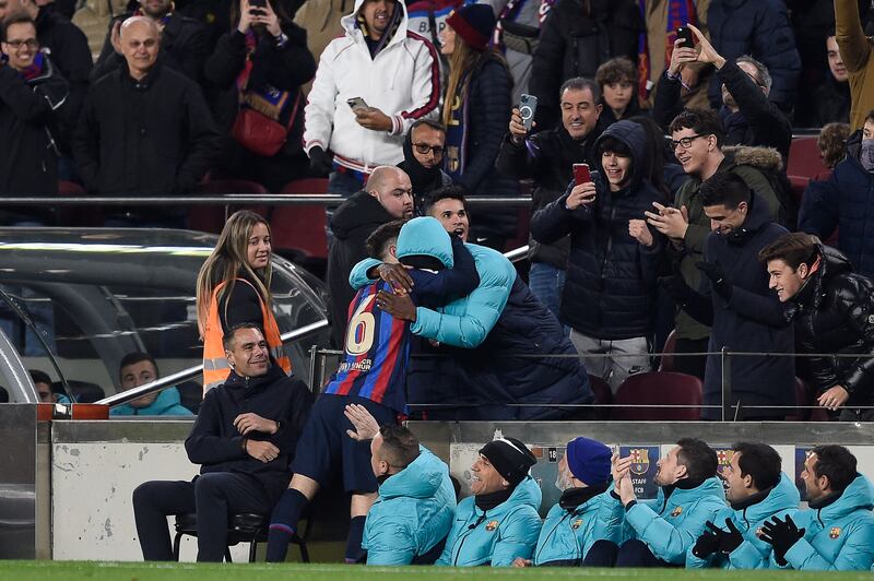 Gavi celebrates with Ousmane Dembele after scoring Barcelona's second goal. AFP