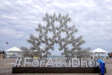 Abu Dhabi, United Arab Emirates, February 10, 2020. The new stainless steel bicycle sculpture by Ai Wei Wei at the Corniche, Abu Dhabi gives a blurry effect because of the positioning by the artist on a cloudy morning. Victor Besa / The National Section: AC Reporter: Ashleigh Stewart