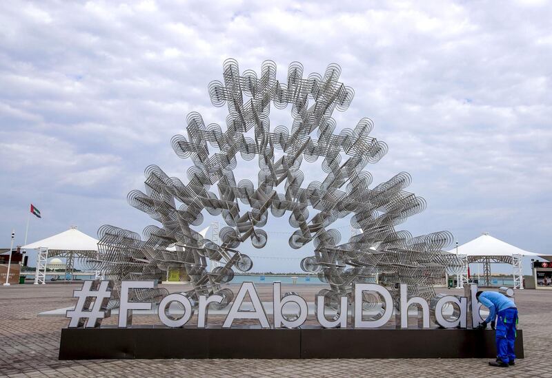 Abu Dhabi, United Arab Emirates, February 10, 2020.  The new stainless steel bicycle sculpture by Ai Wei Wei at the Corniche, Abu Dhabi gives a blurry effect because of the positioning by the artist on a cloudy morning.Victor Besa / The NationalSection:  ACReporter:  Ashleigh Stewart