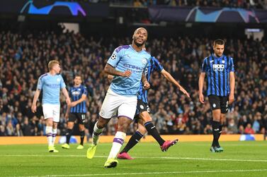 MANCHESTER, ENGLAND - OCTOBER 22: Raheem Sterling of Manchester City celebrates after scoring his team's third goal during the UEFA Champions League group C match between Manchester City and Atalanta at Etihad Stadium on October 22, 2019 in Manchester, United Kingdom. (Photo by Michael Regan/Getty Images)