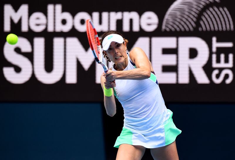 Alize Cornet hits a return to Naomi Osaka during their match at the Melbourne Summer Set. AFP