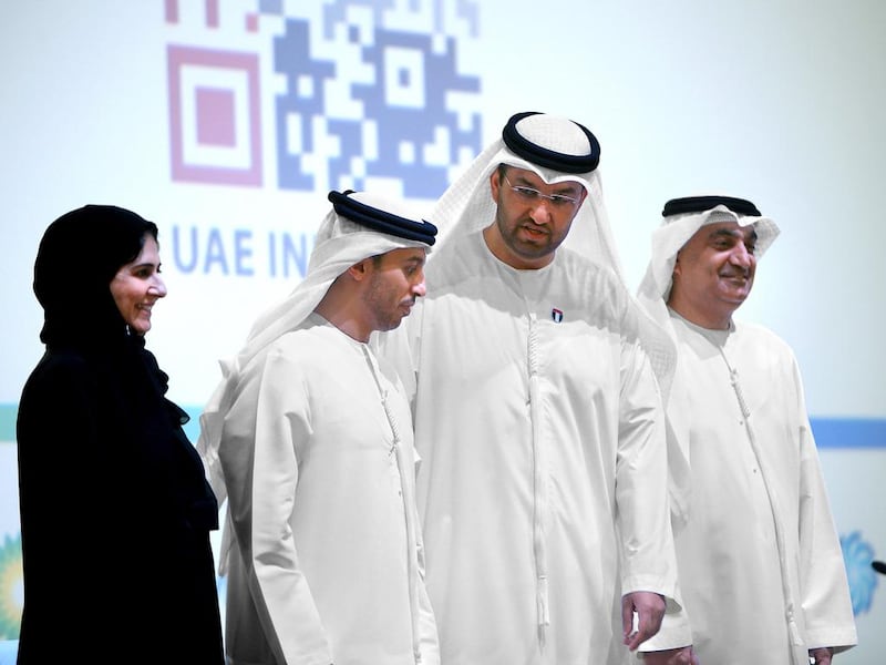 Dr Sultan Ahmed Al Jaber, the Minister of State and chairman of Masdar, second left, with Ahmad Belhoul, chairman of Masdar, second right, Dr Behjat Al Yousuf, interim provost of Masdar Institute, left, and Abdulkarim Almazmi, president and general Manager of BP UAE during the launch of The Catalyst on Sunday. Ravindranath K / The National