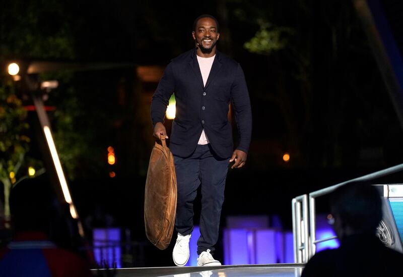 Actor Anthony Mackie makes his entrance at the Avengers Campus dedication ceremony on June 2, 2021, in Anaheim, California. AP