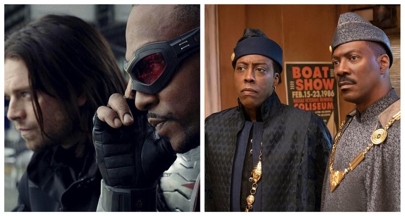 'The Falcon and The Winter Soldier' and 'Coming to America 2' are two of the original TV shows and films available to stream this month. Courtesy Disney / Marvel, Amazon Studios
