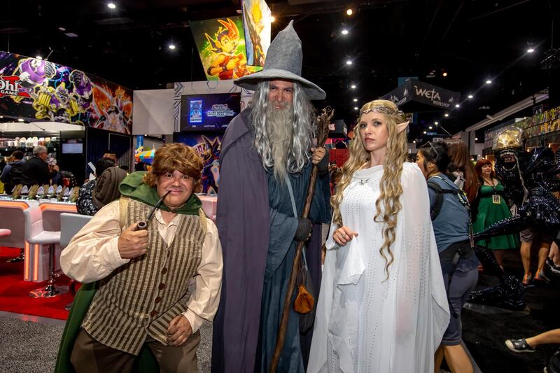 Kenny Mittleider as "Samwise", David Baxter as "Gandalf" and Hayley Smith as "Galadriel" of Los Angeles, from the Lord of the Rings. AP Photo