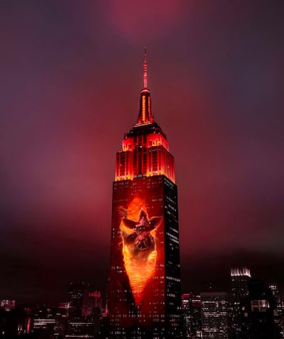 The Empire State Building in New York City shows projection featuring the opening of the Upside Down dimension from 'Stranger Things'. Photo: Netflix