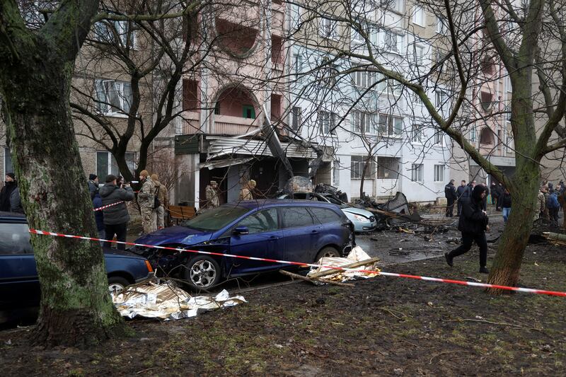 The site of a helicopter crash in the Ukrainian town of Brovary, outside Kyiv. Reuters