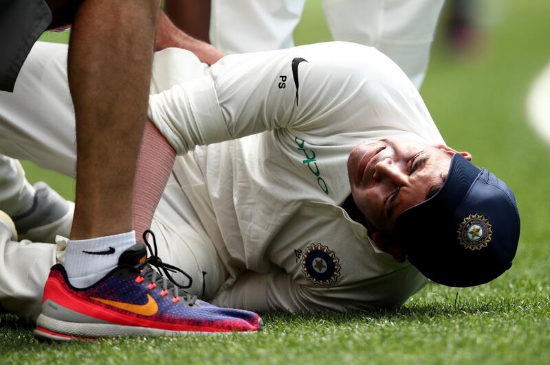 SYDNEY, AUSTRALIA - NOVEMBER 30: Prithvi Shaw of India injures his leg following an attempted catch on the boundary during day three of the International Four Day tour match between the Cricket Australia XI and India at Sydney Cricket Ground on November 30, 2018 in Sydney, Australia. (Photo by Cameron Spencer/Getty Images)