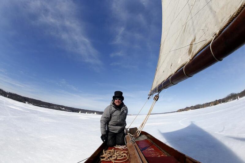 Brett Kolfrat steers his ice boat Genevieve on the frozen Hudson river. (Mike Segar / Reuters / March 7, 2014)
