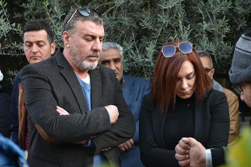 Syrian Actress Sulaf Fawakherji and her husband Wael Ramadan, attend Hatem Ali's funeral in Damascus, Syria. EPA