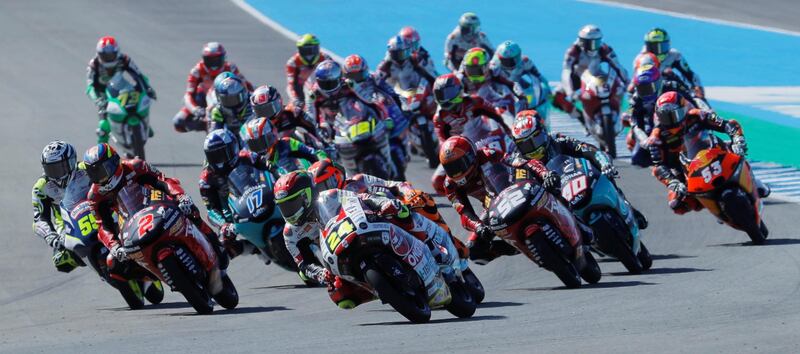 Riders at the start of the Spanish Grand Prix Moto3 race at the Circuito de Jerez on Sunday, May 2. Reuters