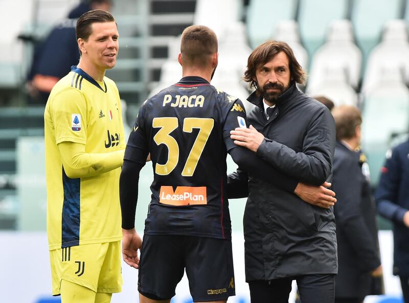 Juventus manager Andrea Pirlo and Wojciech Szczesny with Genoa's Marko Pjaca after the match. Reuters