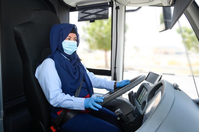 One of three women who started new roles in Dubai as bus drivers on July 3. RTA