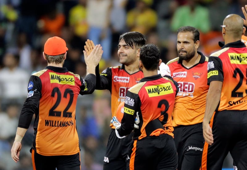 Sunrisers Hyderabad player Rashid Khan celebrates after Dwayne Bravo's wicket against Chennai Super Kings during VIVO IPL cricket T20 match in Mumbai, India, Tuesday, May 22, 2018. (AP Photo/Rajanish Kakade)