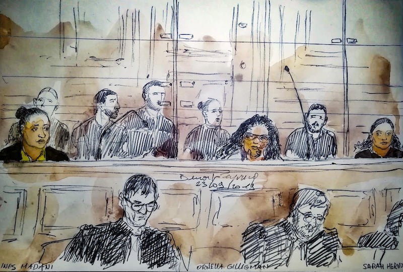 This court sketch made on September 23, 2019 in Paris courthouse, shows (LtoR) Ines Madani, Ornella Gilligmann and Sarah Hervouet during the trial of five women on charges of an alleged plot to detonate a car bomb in front of Paris' Notre-Dame cathedral.   It is the first time women have appeared on charges of jihadist terrorism in an assize court, which handles the most serious crimes in France. Four of the women risk up to life in prison and the fifth a 30-year sentence for the September 2016 plot at the mediaeval cathedral, which in April 2019 was ravaged by an accidental fire. 
 / AFP / Benoit PEYRUCQ
